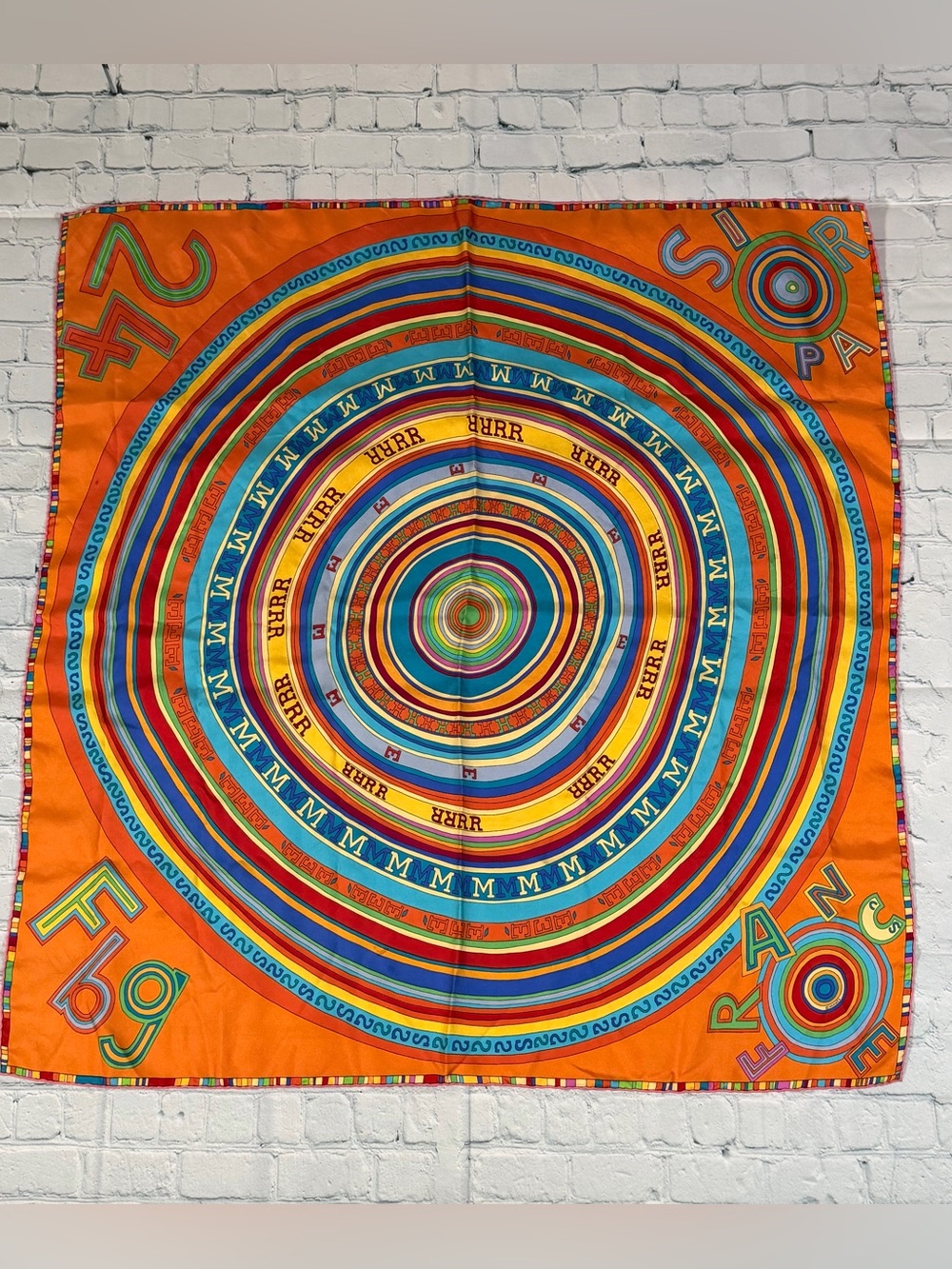 Hermes Vibrant Orange Multicolor Concentric Wall Art Scarf - Authentic RARE